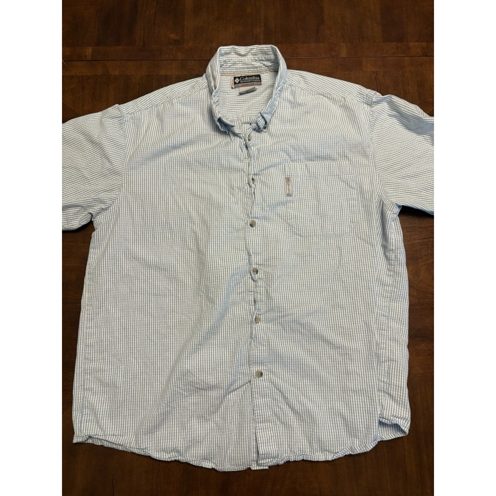 Columbia Sportswear XCO Men XL Blue White Striped Short Sleeve Button Down Shirt